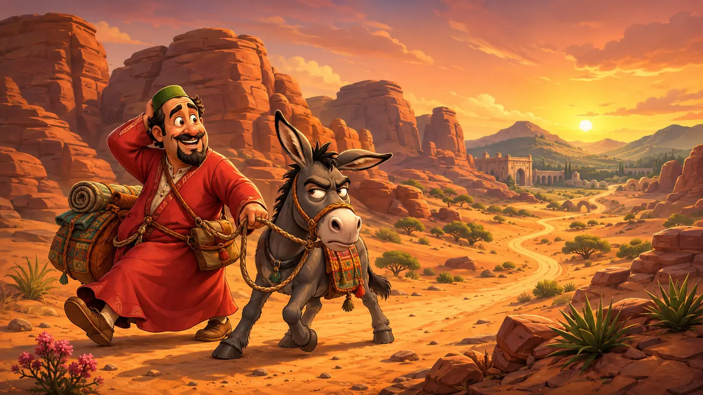 Juha and his stubborn donkey beginning a desert journey