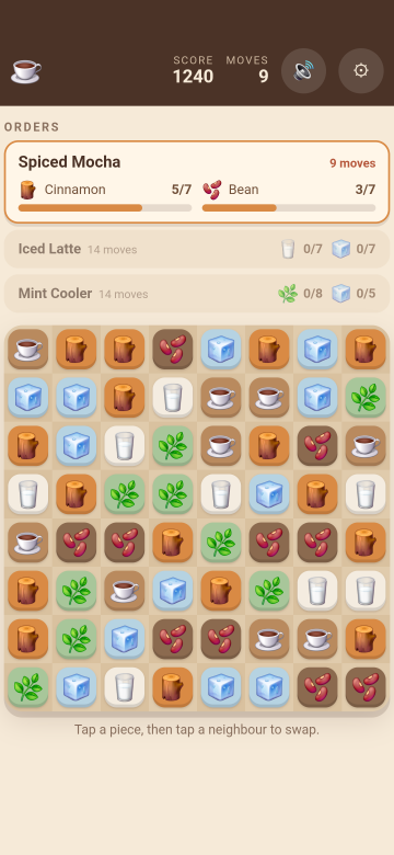 The board mid-shift, with an order for cinnamon and beans in progress