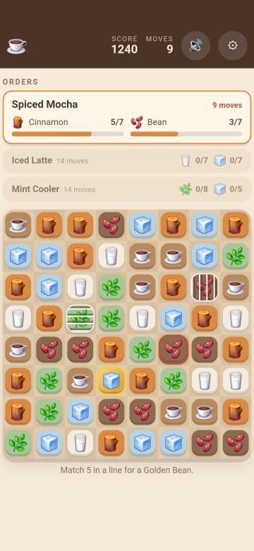 Special pieces on the board: striped Pours, a ringed Grinder and a golden bean