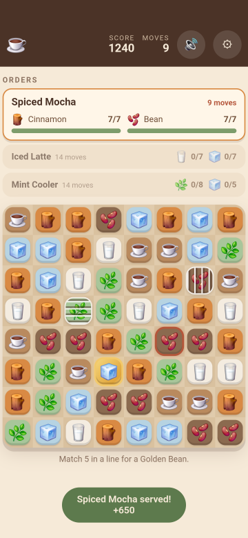 An order completed, both ingredient bars full
