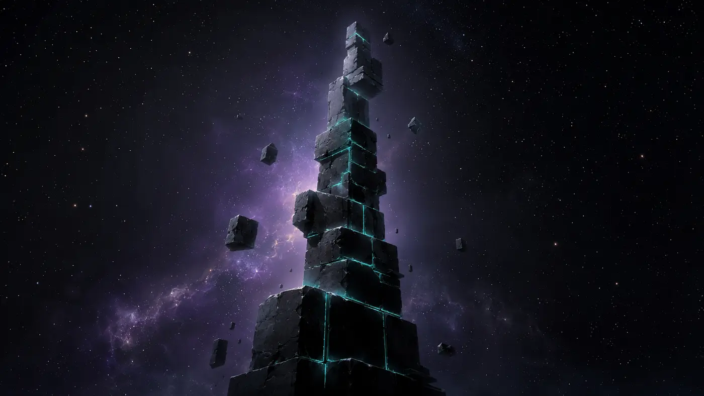 A glowing tower of blocks rising through space